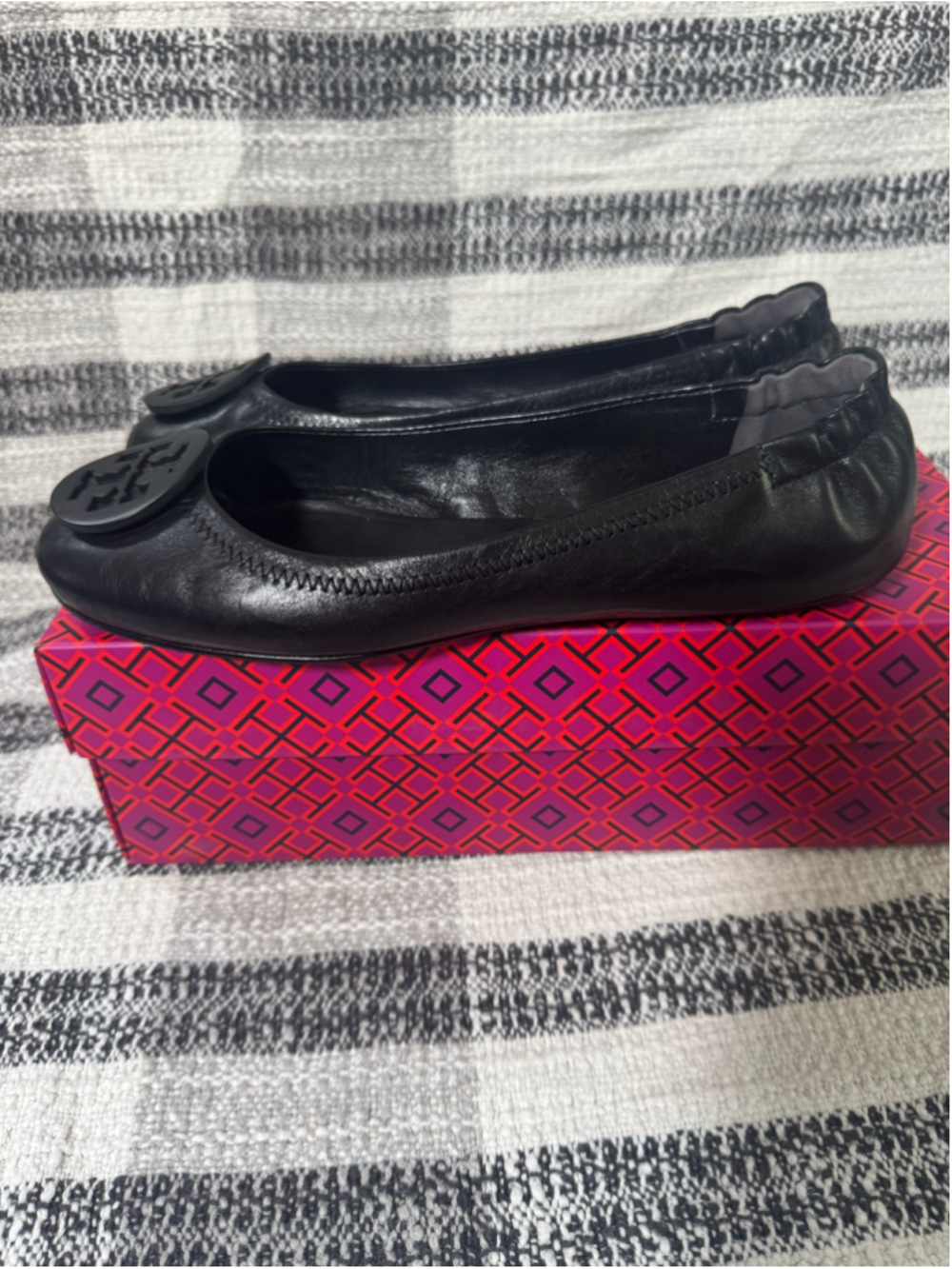 Tory Burch Minnie Travel Ballet Flats Black Nappa Leather Logo Size 8 Box - Picture 5 of 8